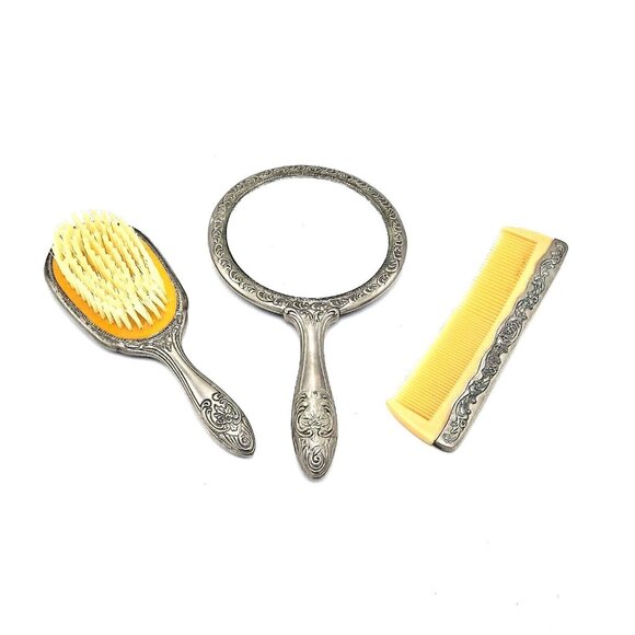Dresser or Vanity 3 Piece Set Includes Brush Comb Handheld Mirror Silver Plated - Picture 10 of 10